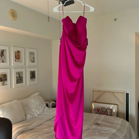 hot pink flowy prom dress Strapless Hot Pink Satin Prom Dresses, Strapless Hot Pink Long Formal –  jbydress main image 0